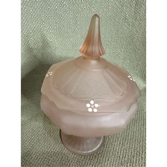Vintage Anchor Hocking Mayfair Pink Frosted Depression Candy Dish & Lid Floral - Picture 3 of 11